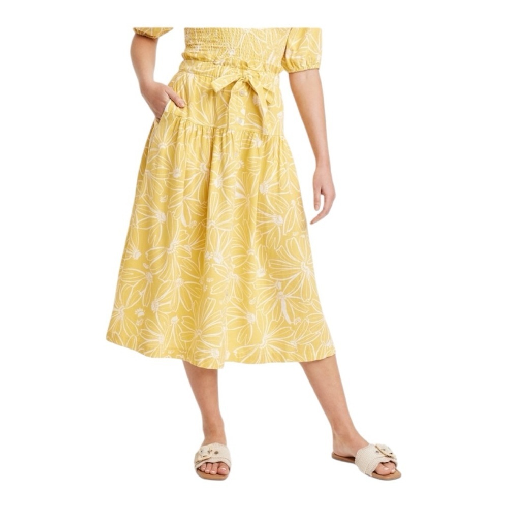 Universal Thread Tie Waist Button-Front Midi Skirt - Yellow Floral - Size Large